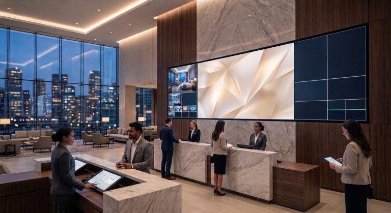 Hotelrecepció nagyméretű videófallal és digitális kijelzőkkel