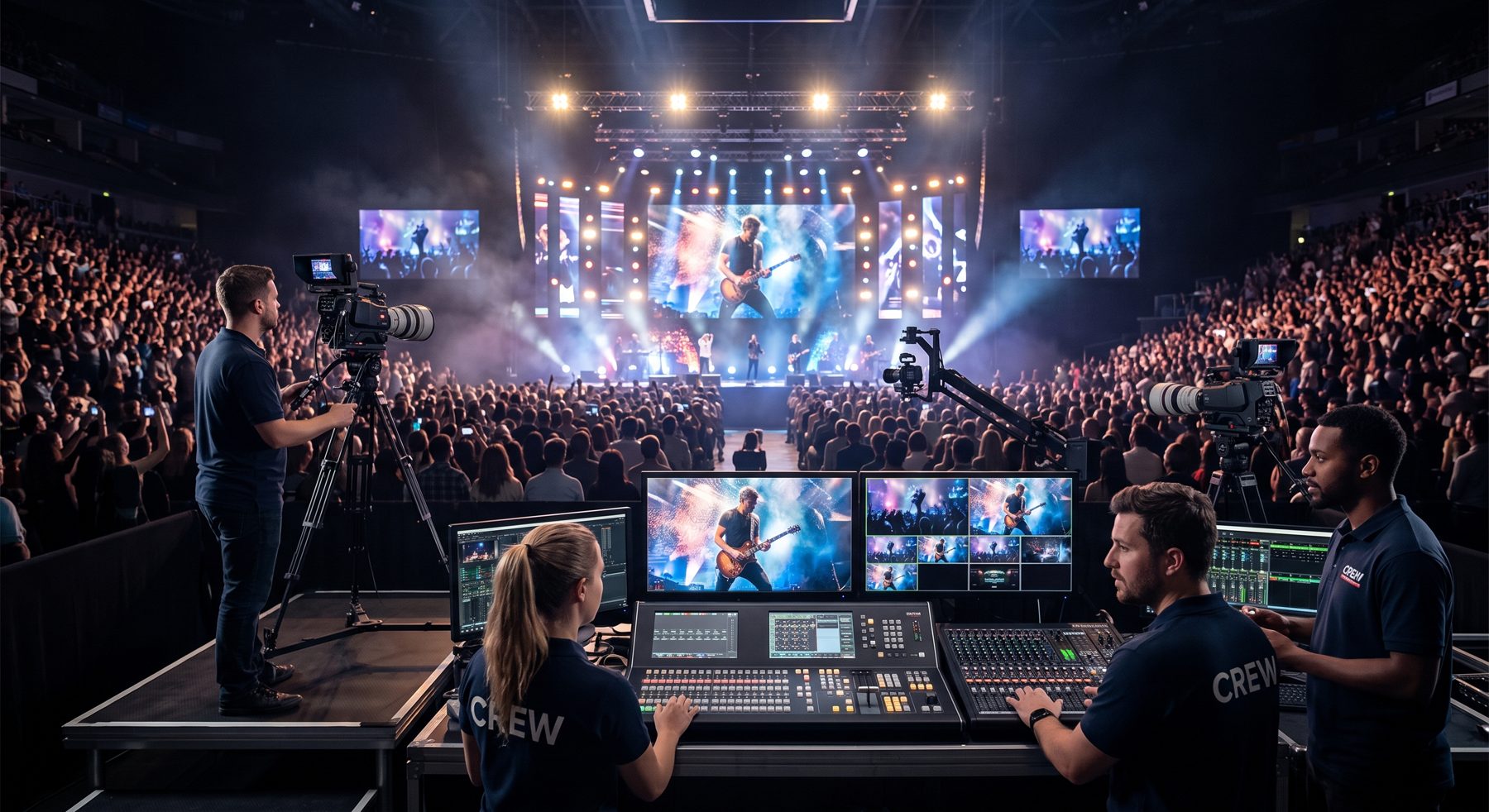 Koncert hangosítása és élő közvetítése a keverőpultnál dolgozó stábbal