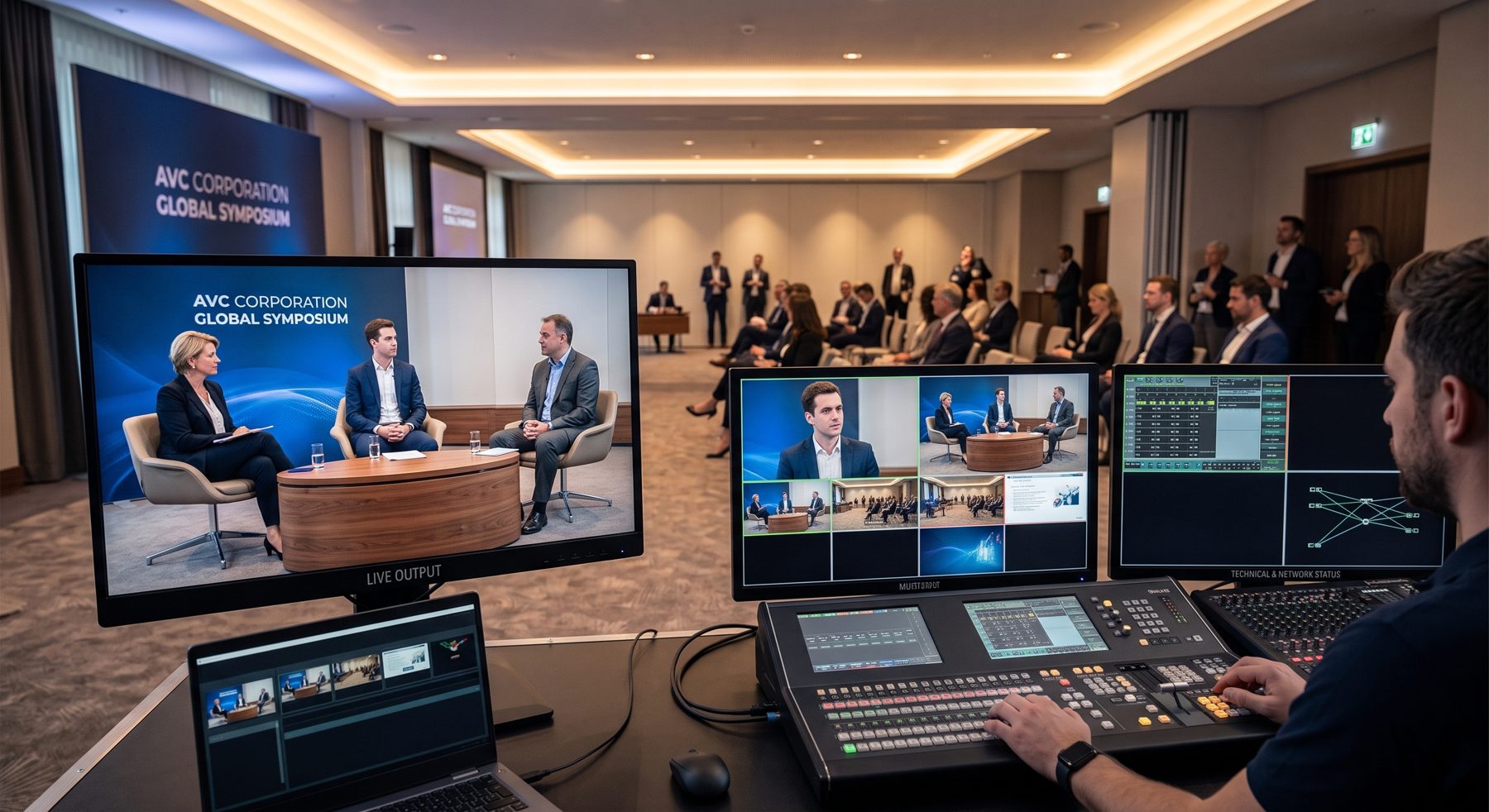 Konferencia online közvetítése: képkeverő, monitorok és operatőr a helyszínen